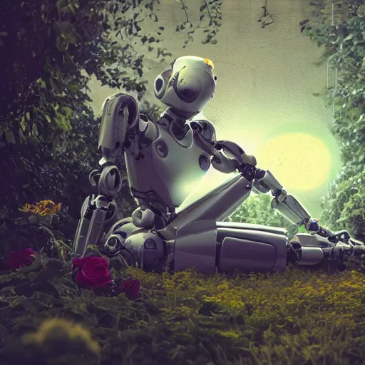 Image similar to side view of a beautiful abandoned human - shaped robot laying on the ground, overgrown foliage with flowers taking over it, close - up, 3 5 mm, biopunk, bokeh, beautiful, lens flare, emotional, detailed, picture, trending on artstation, award - winning, shiny, golden, angle view, octane render