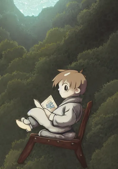 Prompt: beautiful little boy wearing sheep suit reading a book while sitting on chair, gray, blue, green and brown pallet color. made in abyss art style, inspired by kris from deltarrune, cute detailed artwork, anatomically correct, soft details, ilya kuvshinov, reflection, perfect composition, mobile wallpaper, illumination, helltaker, digital art, forest