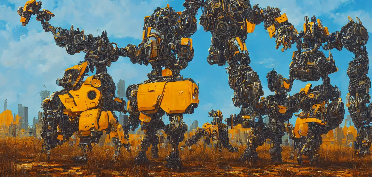 Image similar to an intricate oil painting of a giant south african armored gorilla shaped scrap metal mecha by simon stalenhag, yellow, orange and cyan paint decals