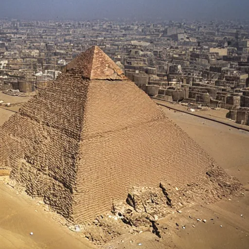 Image similar to an aerial photograph of the great pyramid of giza at the early stages of construction with heavy scaffolding in place, the top of the pyramid has not been built and is not visible, dslr