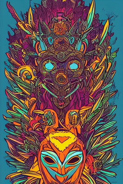 Image similar to animal mask totem roots flower tribal feather gemstone plant wood rock shaman vodoo video game vector cutout illustration vivid multicolor borderlands comics by josan gonzales and dan mumford radiating a glowing aura