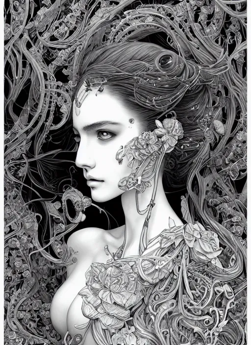 Prompt: the portrait of an unbelievably beautiful, elegant, sensual, and sophisticated young woman, an ultrafine detailed illustration by james jean, intricate linework, bright colors, final fantasy, behance contest winner, vanitas, angular, altermodern, unreal engine 5 highly rendered, ethereal, ominous, detailed and intricate environment