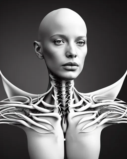 Image similar to a black and white 3D render of a beautiful portrait of a young female angelic-dragon-cyborg face with a very long neck, 150 mm, orchids, Mandelbrot fractal, anatomical, flesh, facial muscles, veins, arteries, full frame, microscopic, elegant, highly detailed, flesh ornate, elegant, high fashion, rim light, ray trace, octane render in the style of H.R. Giger and Man Ray, Realistic, Refined, Digital Art, Highly Detailed, Cinematic Lighting, rim light, black and white, photo-realistic Unreal Engine, 8K