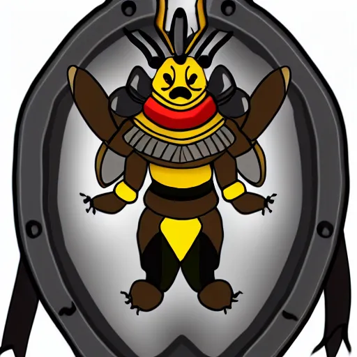 Prompt: An warrior bee fursona in heavy plate armor with a shield and long sword