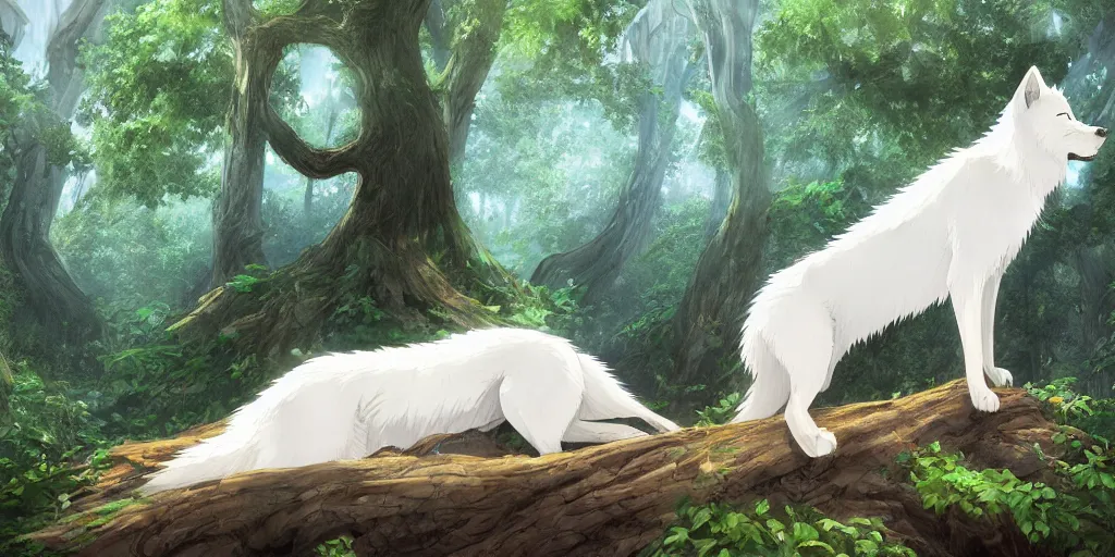 Prompt: highly detailed digital art of a magestic white wolf standing on an overgrown fallen tree trunk, lush surroundings, sunshine, kimi no na wa, trending on artstation, tranquil, concept art