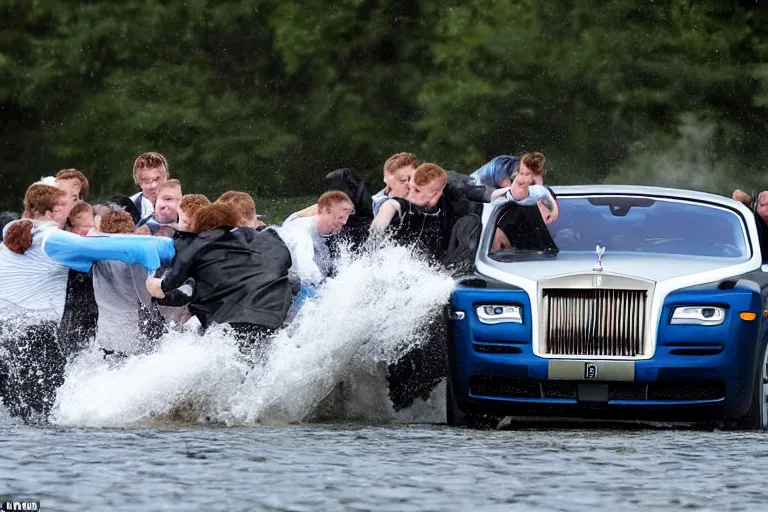 Prompt: Group of teenagers push Rolls-Royce into lake with their hands from a small slide wanting to drown him