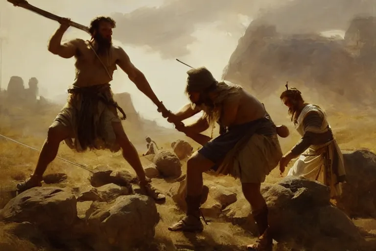 Image similar to ancient biblical israeli young man david slinging a stone at the philistine giant goliath of gath in battle by anders zorn, wonderful masterpiece by greg rutkowski, beautiful cinematic light, by greg manchess, jessica rossier