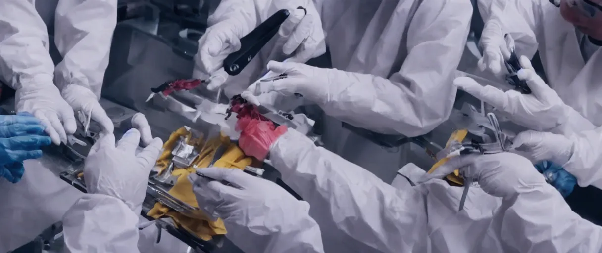 Prompt: filmic dutch angle extreme closeup movie still 4 k uhd 3 5 mm film color photograph of hands wearing surgical gloves holding dissection tools