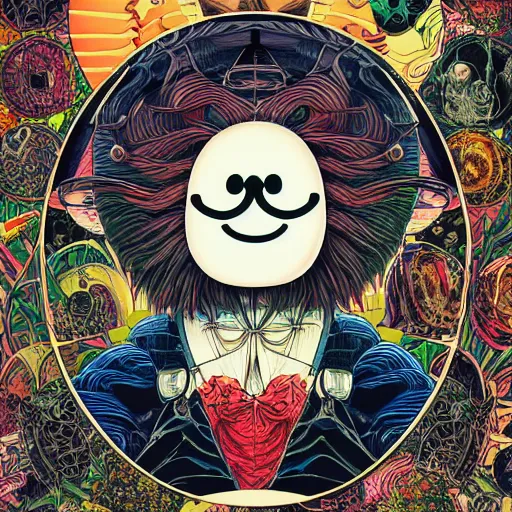 Image similar to portrait of crazy marshmello, symmetrical, by yoichi hatakenaka, masamune shirow, josan gonzales and dan mumford, ayami kojima, takato yamamoto, barclay shaw, karol bak, yukito kishiro