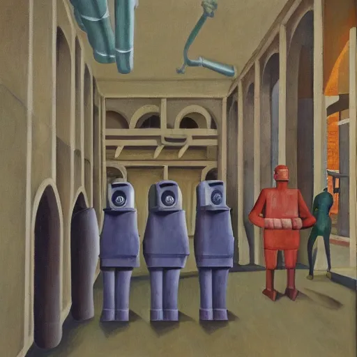 Image similar to drab workers wearing gas masks walking along cloisters, watched by fascist robots, brutalist courtyard, dystopian, pj crook, edward hopper, oil on canvas