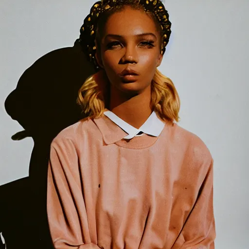 Image similar to realistic photoshooting for a new ssense lookbook, color film photography, model has experimental makeup, photo of a beautiful blonde woman, photo in style of tyler mitchell, 3 5 mm, y 2 k