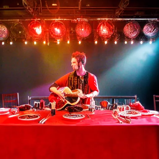 Image similar to Long table with a feast and a rockstar playing a guitar standing on the table,low angle shot 35mm photograph, dramatic studio lighting, concert lights, red color scheme.