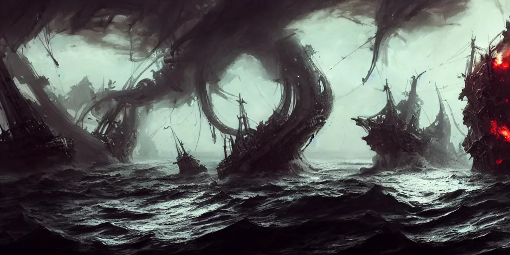 Prompt: medieval ships on fire are getting destroyed by a giant kraken sea monster, a lot of tentacles, chaos, view from above. In style of Yoji Shinkawa and Hyung-tae Kim, trending on ArtStation, Greg Rutkowski, dark fantasy, great composition, concept art, highly detailed, scenery.