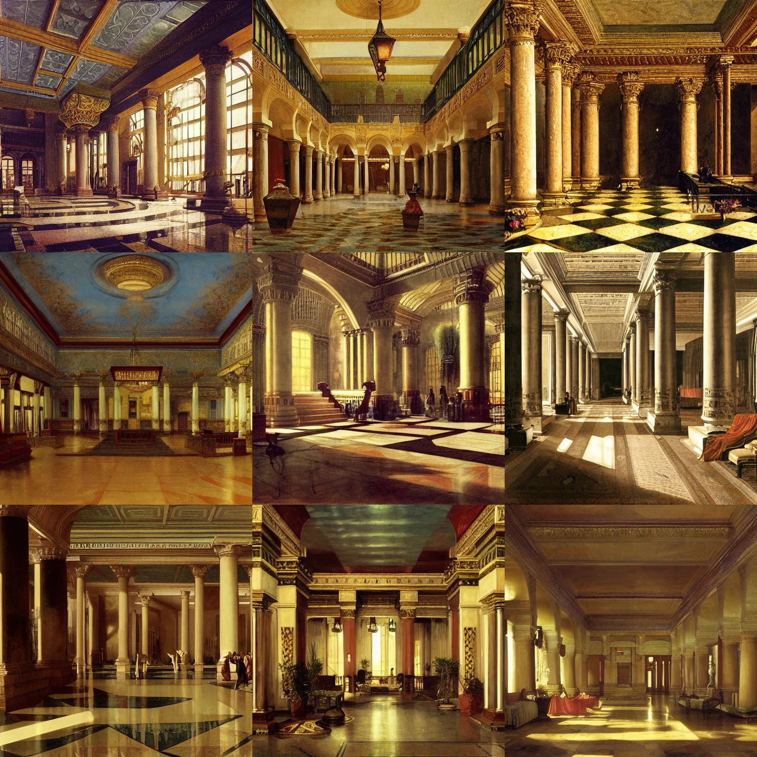 Prompt: interior of a grand victorian hotel lobby in cairo egypt in 1920 by Albert Bierstadt, Herbert James Draper, Arnold Bocklin, Caspar David Friedrich, Sir Lawrence, Alma-Tadema , Karl Heilmayer, JMW Turner 4k post-processing highly detailed matte painting