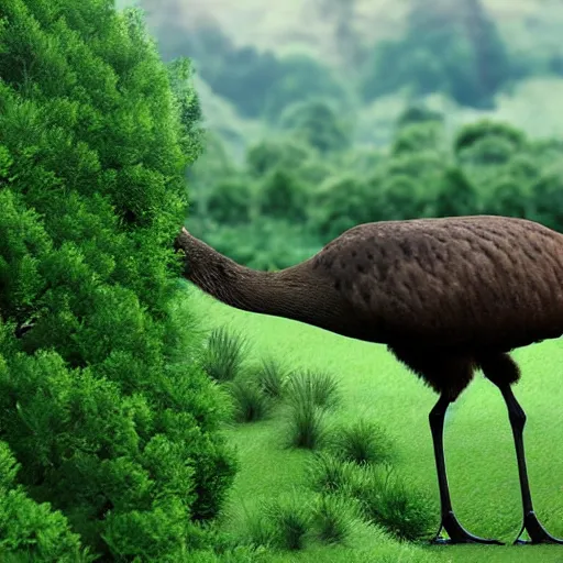 Prompt: high quality digital render of a moa grazing in a new zealand forest clearing.