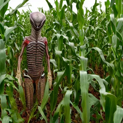 Prompt: alien hiding in a corn field