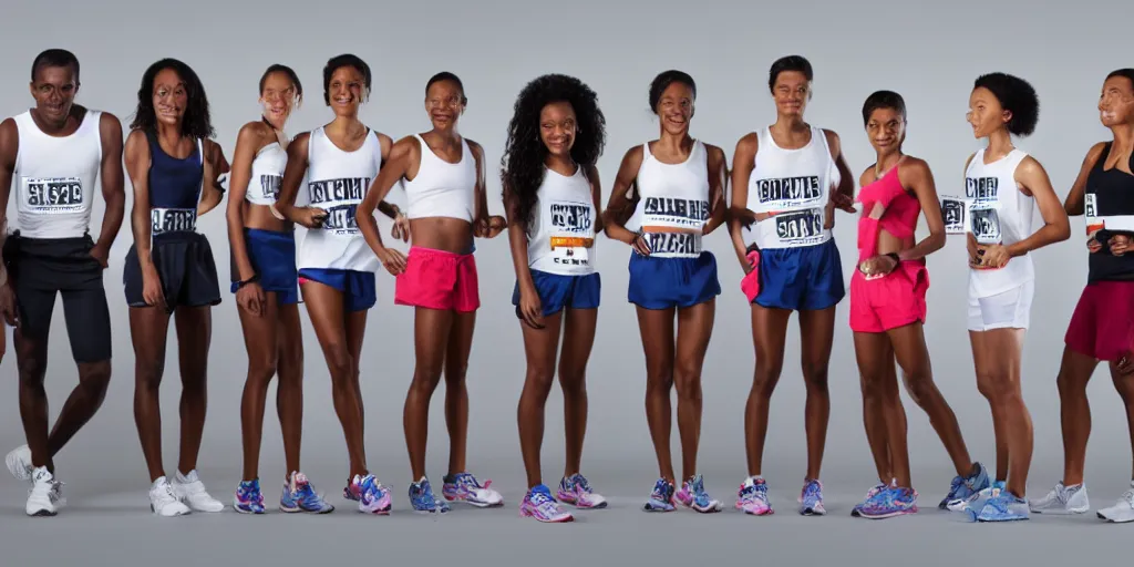 Prompt: Rough Sketch of Studio Photograph of starting line of many diverse marathon runners. multiple skintones. Frontal. Sports Advertising Campaign. Wide shot. Fashion Studio lighting. White background.