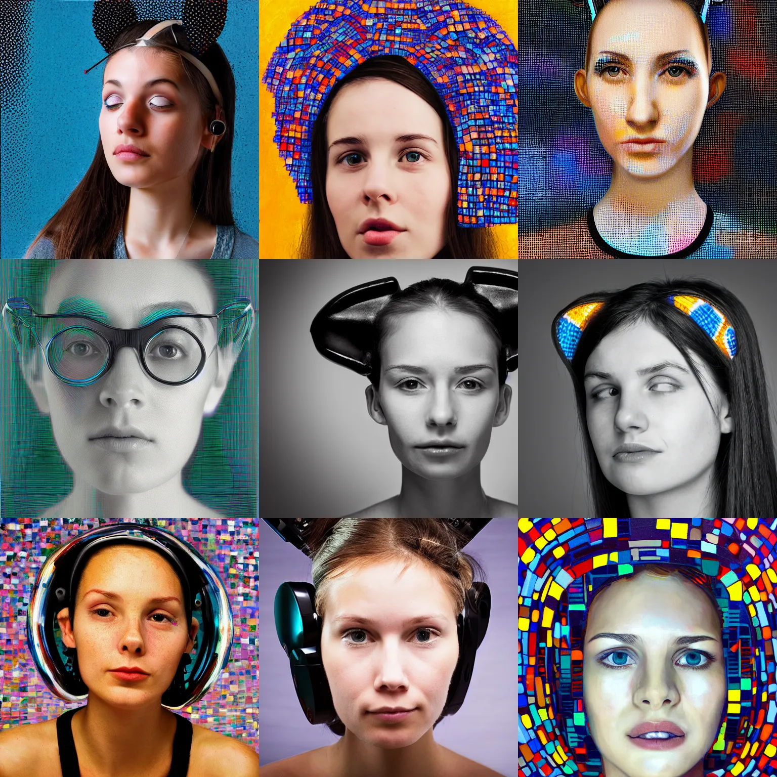 Prompt: beautiful young woman with robot ears, 4k, sharp focus, Chuck Close