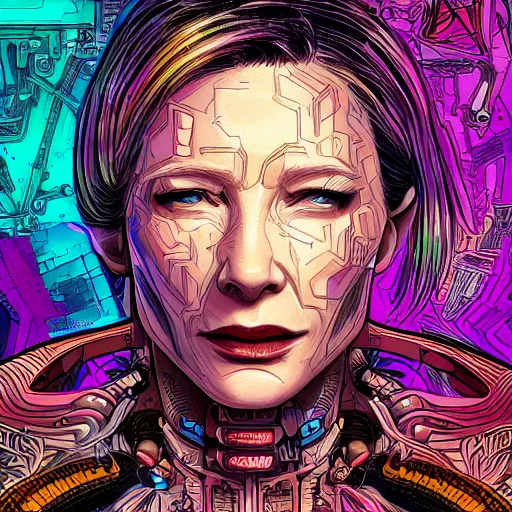 Prompt: hyper detailed comic illustration of a cyberpunk cate blanchett , by darick robertson , transmetropolitan , intricate details, colourful , vibrant, solid background