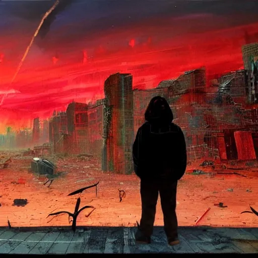 Prompt: a person watching the end of the world with a red sky, dystopian city, debris, dramatic painting