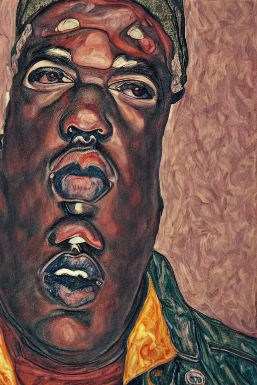 Prompt: a portrait of biggie smalls in style of egon schiele, masterpiece, hyperdetailed, complex, intricate, old school, 9 0 s, notorious b. i. g. style, 4 k, trending on artstation