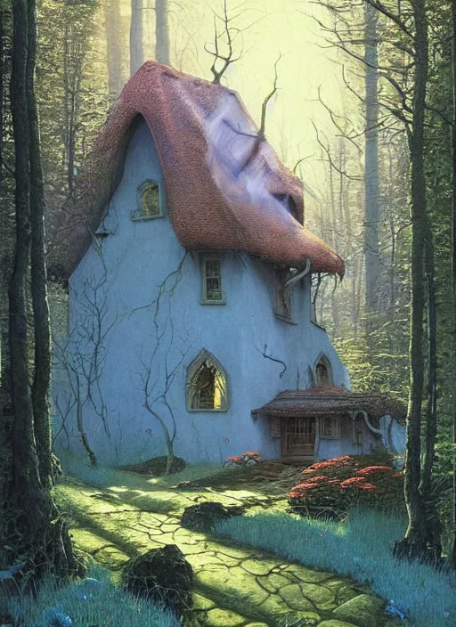 Image similar to hyper realistic witch cottage with mood lighting and technology in the woods gorgeous lighting, sunbeams blue sky, highly detailed, lush forest foliage painting by zdzisław beksinski and norman rockwell and greg rutkowski weta studio, and lucasfilm