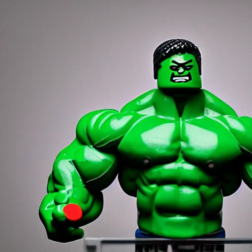 Image similar to bodybuilder hulk as a lego figure, 4k, high detail, high-resolution photograph, professional photography, ultra-detail, lego