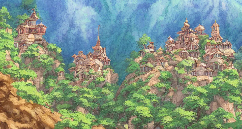 Image similar to view of a monastery on a forested mountain, in the style of studio ghibli, distant, detailed, artstation, award winning painting,