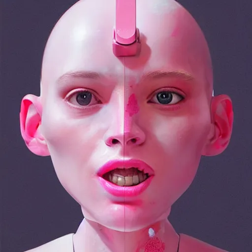 Image similar to an insanely detailed portrait of a pretty humanoid robot showing the viewer a pink icecream, artstation greg rutkowski, cinematic, hyperrealist, digital art