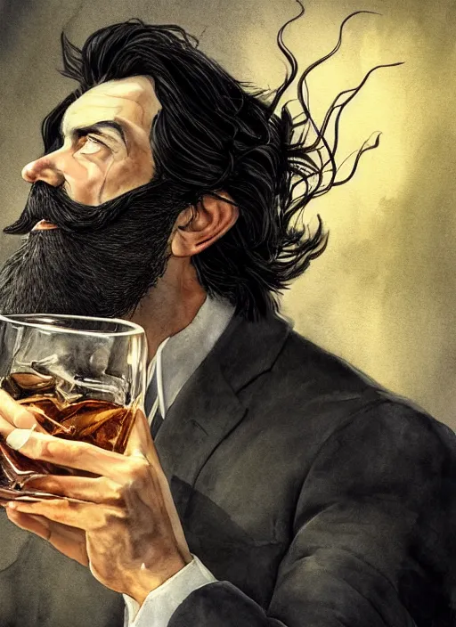 Image similar to portrait, a handsome Frenchman with beard and long black hair toasting with whiskey, the devil is in the background, watercolor, dramatic lighting, cinematic, establishing shot, extremely high detail, foto realistic, cinematic lighting, digital art, vector, by Yoshitaka Amano, Ruan Jia, Kentaro Miura, Artgerm, post processed, concept art, artstation, matte painting, style by eddie mendoza, raphael lacoste, alex ross