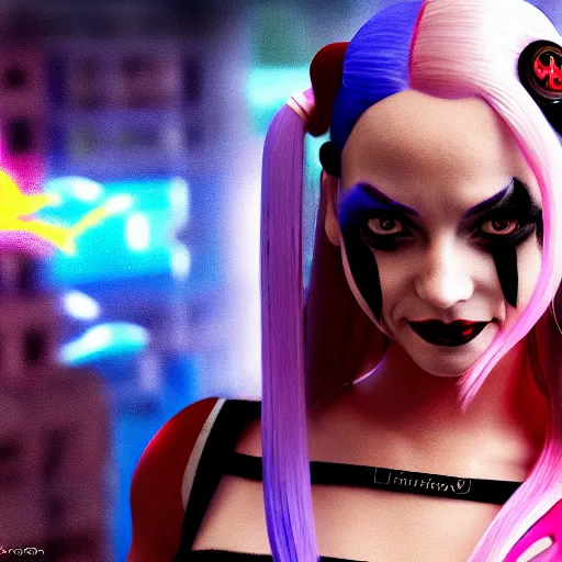 Prompt: Harley Quinn render as a very beautiful 3d anime girl, hot petite, long braided hair, hazel eyes, full round face, short smile, cinematic lightning, medium shot, mid-shot, highly detailed, trending on Artstation, Unreal Engine 4k, cinematic wallpaper