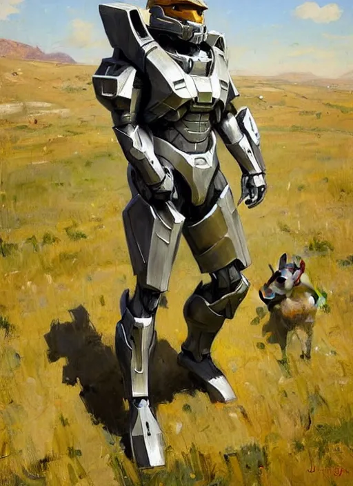 Prompt: Greg Manchess painting of a humanoid Corgi wearing Forerunner Armor from Halo, countryside, calm, fantasy character portrait, dynamic pose, above view, sunny day, artwork by Jeremy Lipkin and Giuseppe Dangelico Pino and Michael Garmash and Rob Rey, very coherent asymmetrical artwork, sharp edges, perfect face, simple form, 100mm