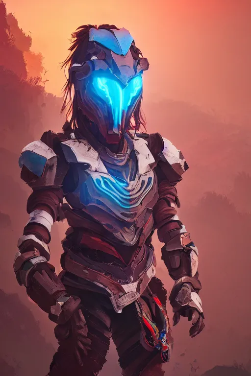 Image similar to combination suit armor aloy horizon forbidden west horizon zero dawn radiating a glowing aura global illumination ray tracing hdr fanart arstation by ian pesty and alena aenami artworks in 4 k tribal robot ninja mask helmet backpack