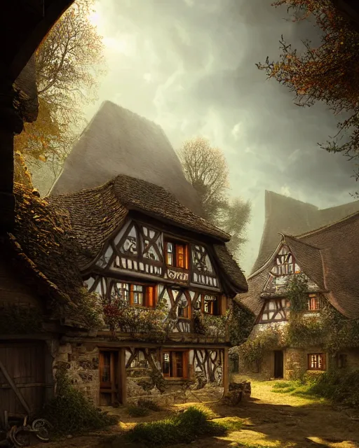 Prompt: callenberg village germany twelth century anglo - saxon village 1 1 8 0, by peter mohrbacher and dan mumford and nekro, cgsociety, volumetric light, 3 d render, intricate, detailed, high resolution