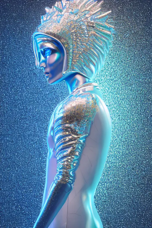 Prompt: hyper detailed ultra sharp portrait of baroque and bladerunner delicate neon diamond sculpture of seductive albino pharaoh, diamond blue sphinx iridescent humanoid deity wearing metallic hoody made out of hands holding the sun prismatic dungeon, glowing blue face, crown of white diamonds, cinematic lighting, photorealistic, octane render 8 k depth of field 3 d