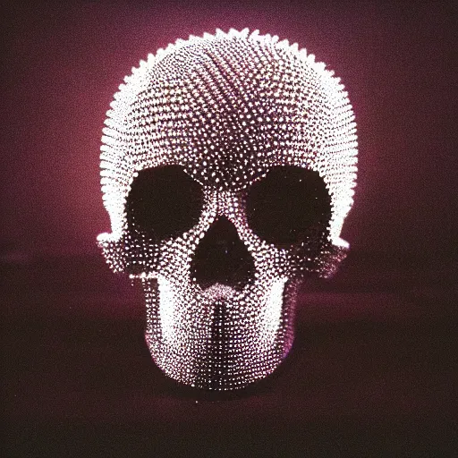 Prompt: a grainy film still of a low poly disco skull full of long spikes, reflecting light in a nightclub, grainy film photograph