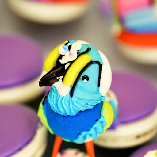 Prompt: a photo blue jay bird standing on a basket of rainbow macaron desserts.