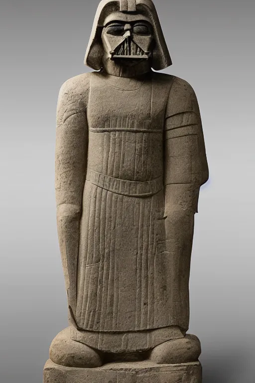 Prompt: A monumental sandstone statue of Darth Vador standing, in the style of the late Akkadian empire, museum catalog photography