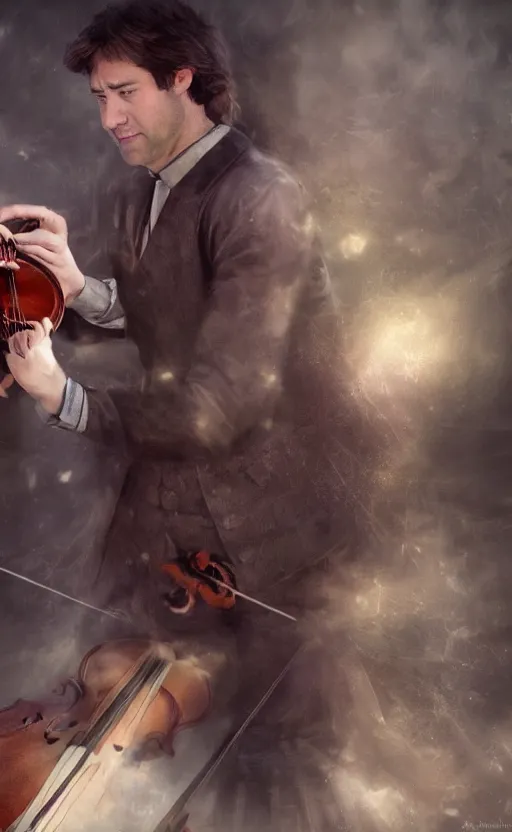 Prompt: beautiful image of jim halpert with antonio vivaldi playing on violin in opera, volumetric light, sharp focus, concept art, intricate details, highly detailed, 4 k