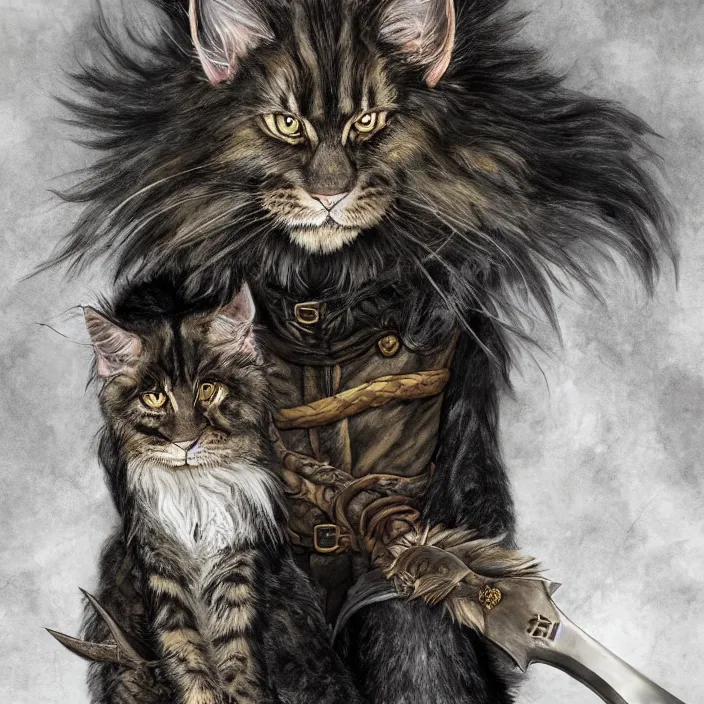 Image similar to Khajit with Maine Coon features and black fur holding two shortswords cloaked in shadow and wearing leather armor, white background, Fantasy, Tarot card style, Half Body Portrait, High detail, hyper realistic