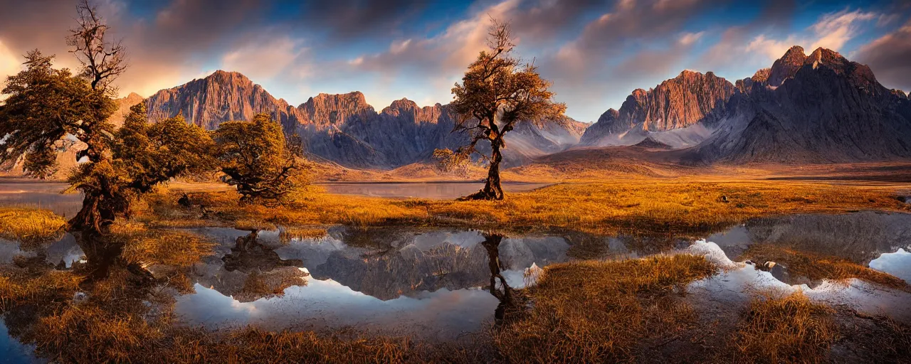 Prompt: landscape photography by marc adamus, dead tree in the foreground, mountains, lake