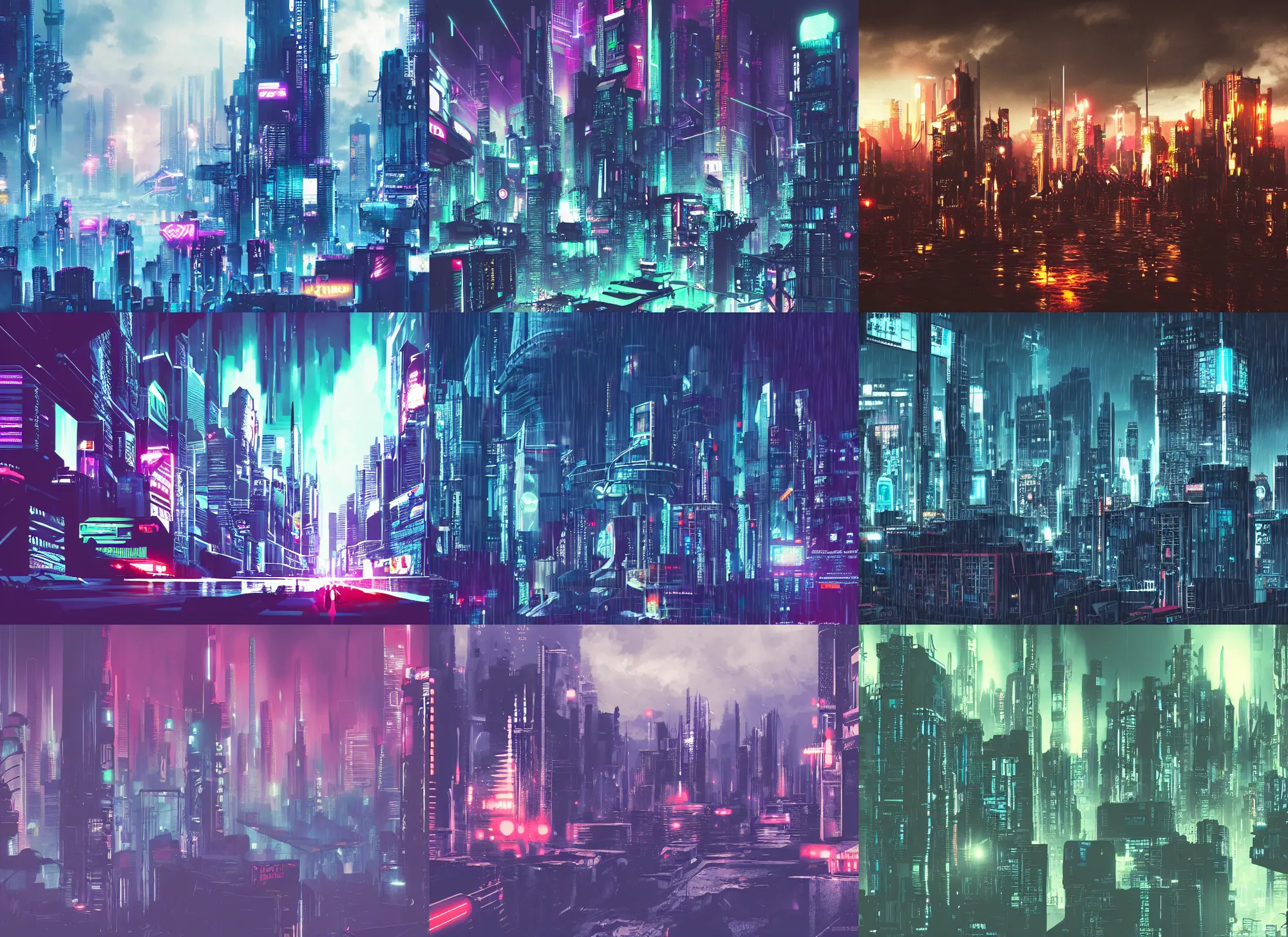 Prompt: cyberpunk style city, clouds, rain, vector, wallpaper