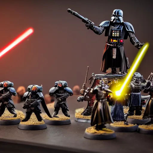 Image similar to Darth Vader collects miniature battles of Warhammer 40,000 space marine figurines on his desktop at a table with a bright lamp, realism, depth of field, focus on Darth Vader,