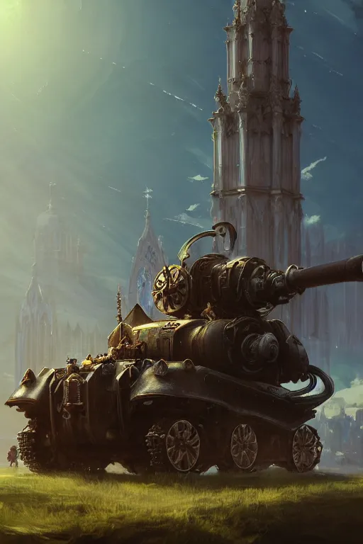 Prompt: a mobile driving ornate cathedral church as tower mounted on a tank with chain drive, warhammer 4 0, scene in an open field. key visual, conceptart, ambient lighting, highly detailed, digital painting, artstation, concept art, sharp focus, by makoto shinkai and akihiko yoshida and kris kuksi