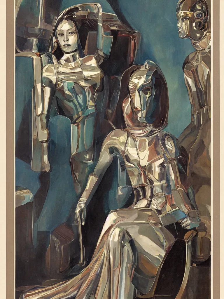 Image similar to a Royal portrait of chrome android woman as illustrated by Nikolai Lutohin. 1971