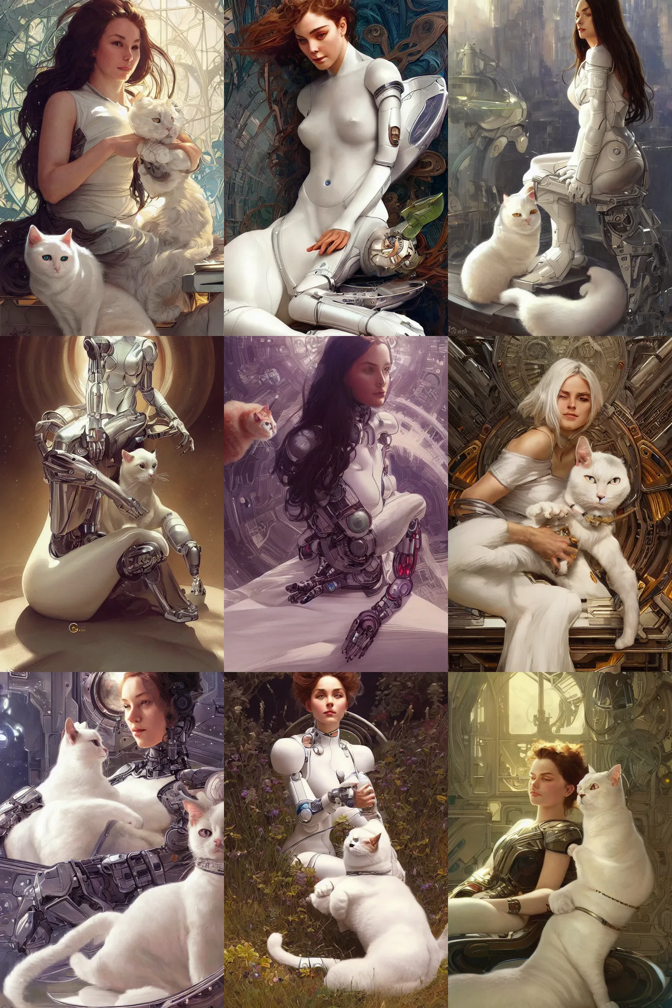 Prompt: Ultra realistic illustration, robot woman sitting with a white cat on her lap, sci-fi, fantasy, intricate, elegant, highly detailed, digital painting, artstation, concept art, smooth, sharp focus, illustration, art by artgerm and greg rutkowski and alphonse mucha