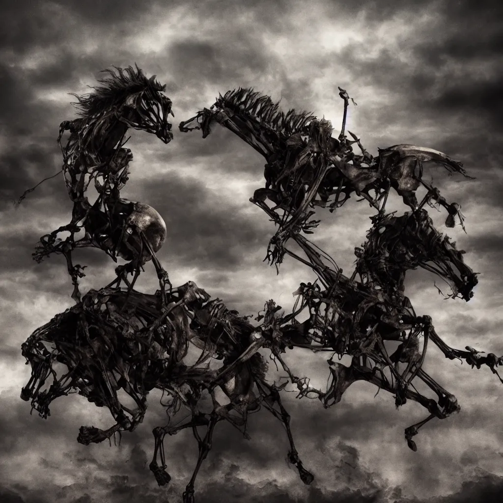 Prompt: a skeleton on a horse in the abyss, dark and mysterious, stopped in time, atmospheric, ominous, eerie, cinematic, epic, 8 k, 4 k, ultra detail, ultra realistic