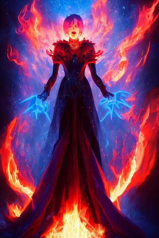 Prompt: a fancy portrait of a beautiful dark magician women covered in deep blue flames flames by Greg Rutkowski, Sung Choi, Mitchell Mohrhauser, Maciej Kuciara, Johnson Ting, Maxim Verehin, Peter Konig, final fantasy , mythical, 8k photorealistic, cinematic lighting, HD, high details, atmospheric,