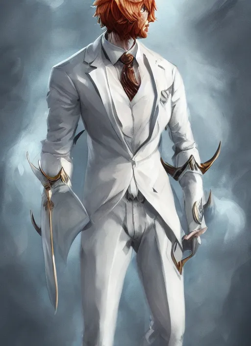 Image similar to a highly detailed illustration of short ginger haired man wearing white suit, dramatic holding grimoire pose, muscular, intricate, elegant, highly detailed, centered, digital painting, artstation, concept art, smooth, sharp focus, league of legends concept art, WLOP