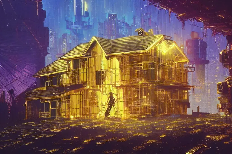 Image similar to cyberpunk, an estate agent listing external photo of a golden 5 bedroom detached house, made of gold, metal, golden, sparkling, in the countryside, sunny day, clear skies, by Paul Lehr